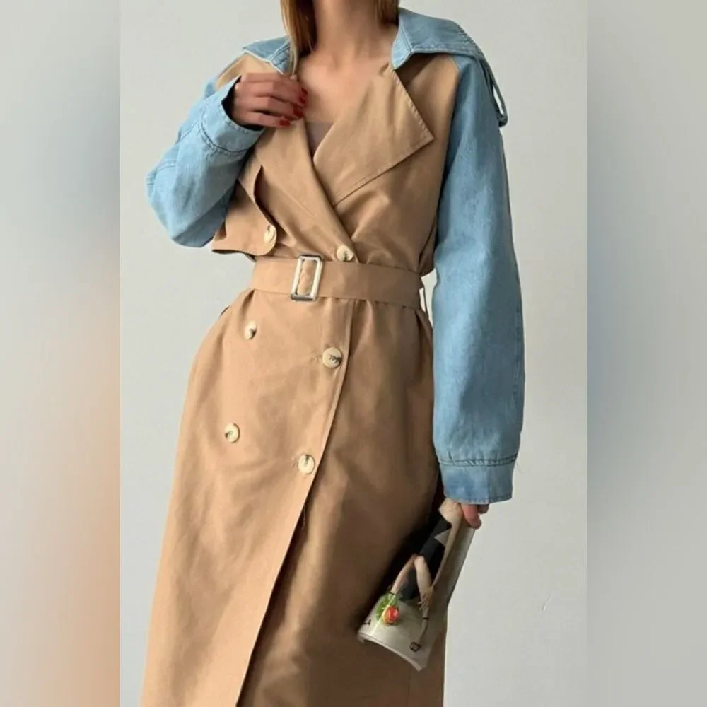 032. Trench Coat Jacket beige with denim sleeve - Picture 2 of 11